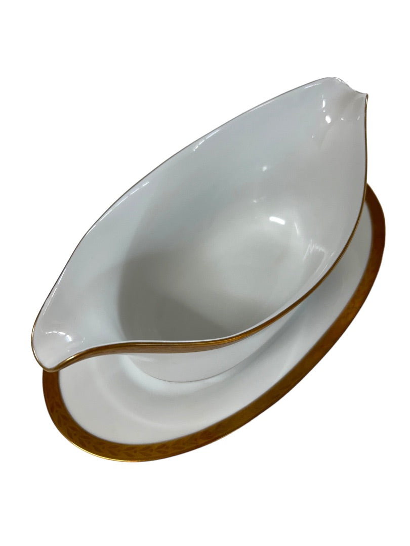 Sango Royalty Pattern White Gold Trim Gray Boat with Attached Underplate 1970s