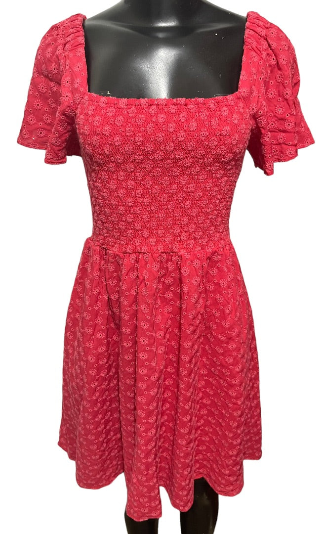 XS Madewell Eyelet Lucie Smocked Mini Dress Pockets Pink