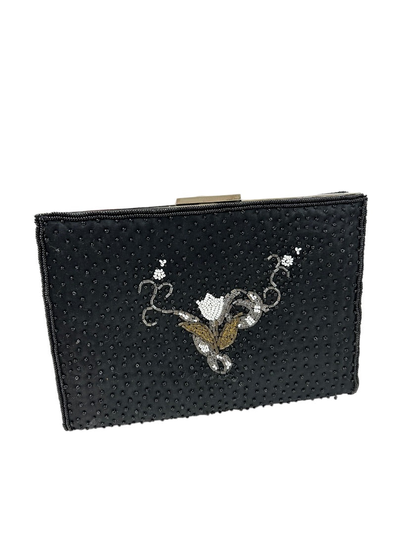Vintage 1960s Beaded Black Satin Clutch Purse Hinged 7.5" x 5"