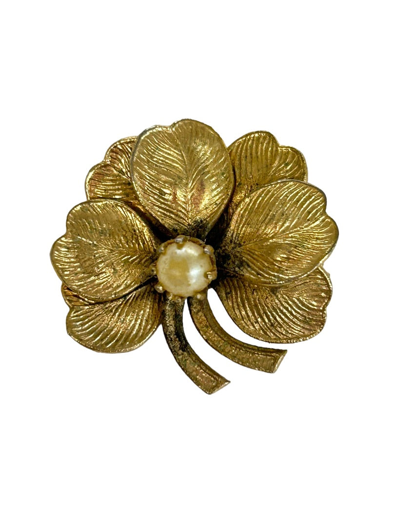 Goldtone and Pearl Brooch Pin 1" Vintage 1960s Dimensional