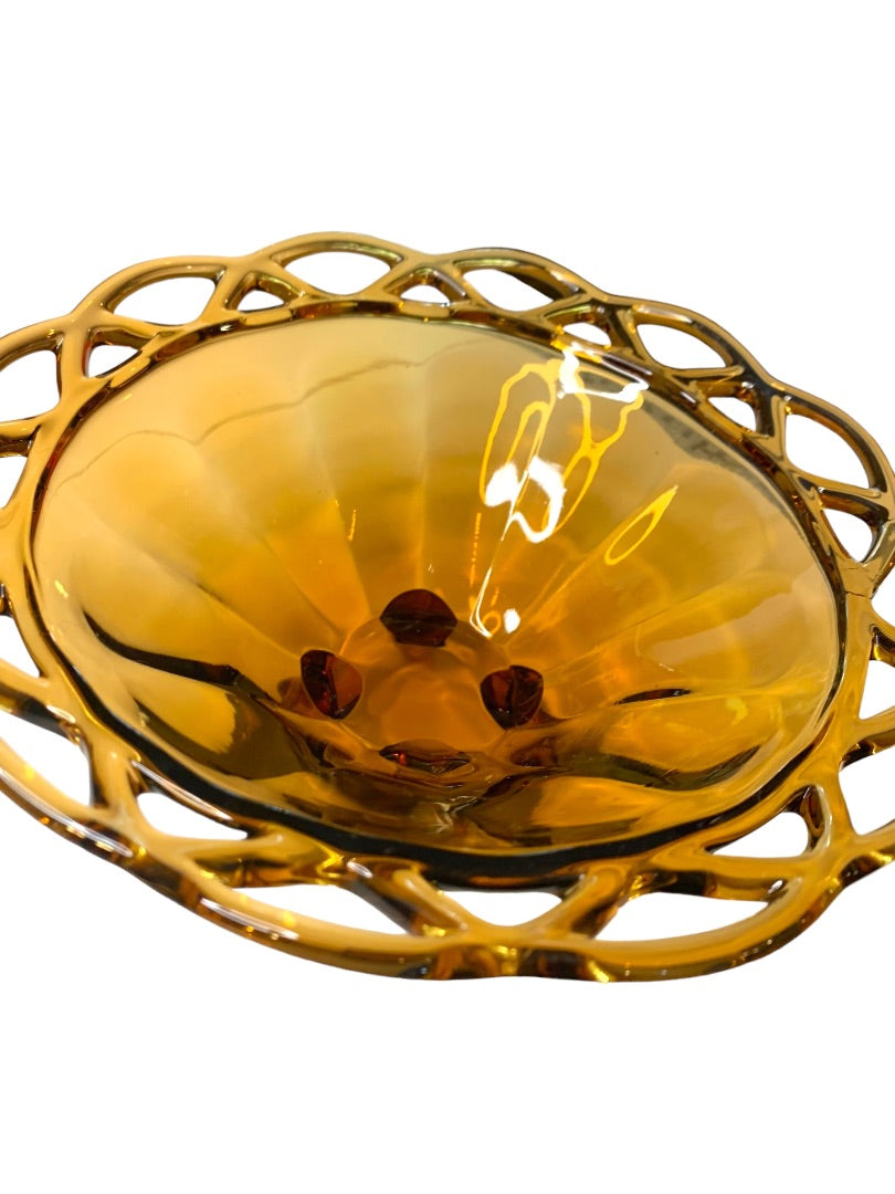 Pitman Dreitzer Lancaster Colony 1960s Amber Three Footed Glass Bowl 7.5"