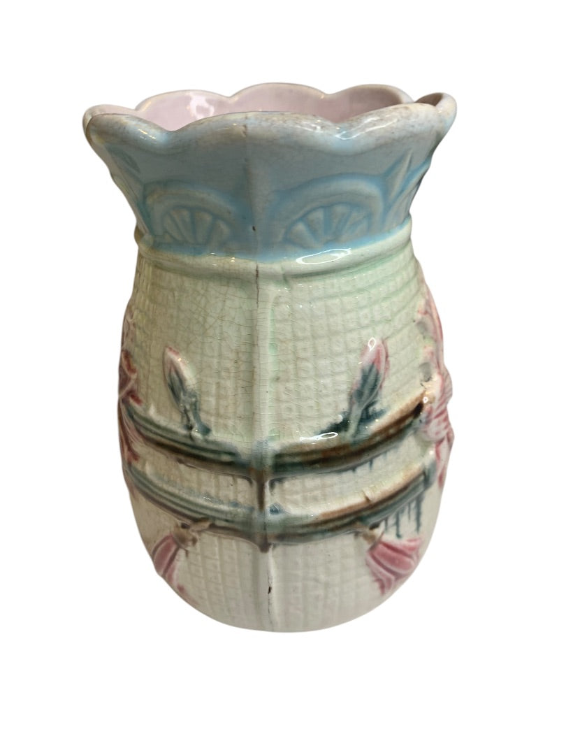 Antique Majolica Floral Vase 5.25 Inch Pink Blue Marked "H"