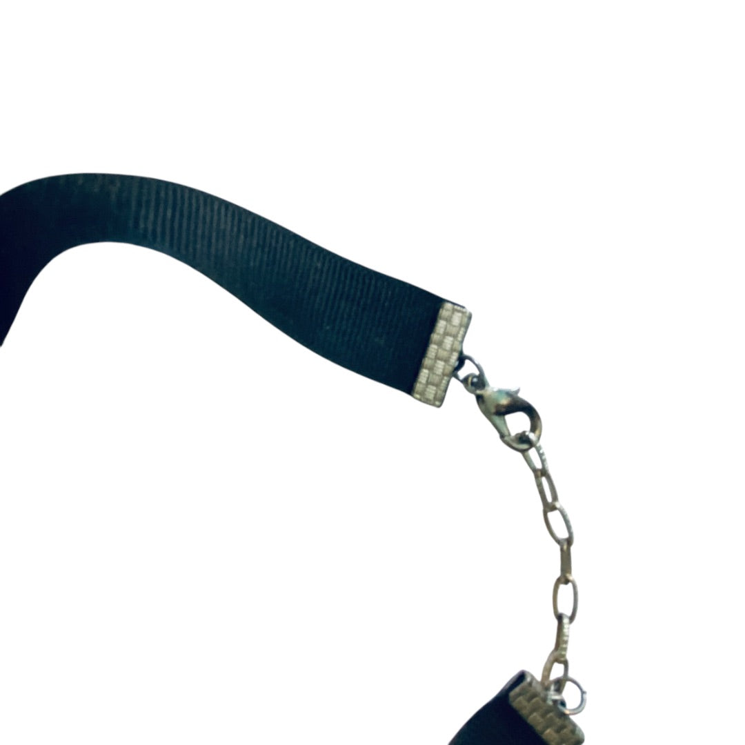 1980s Goth Ribbon Choker Necklace Black Silverton Cross 13-15 Inch Lobster Clasp