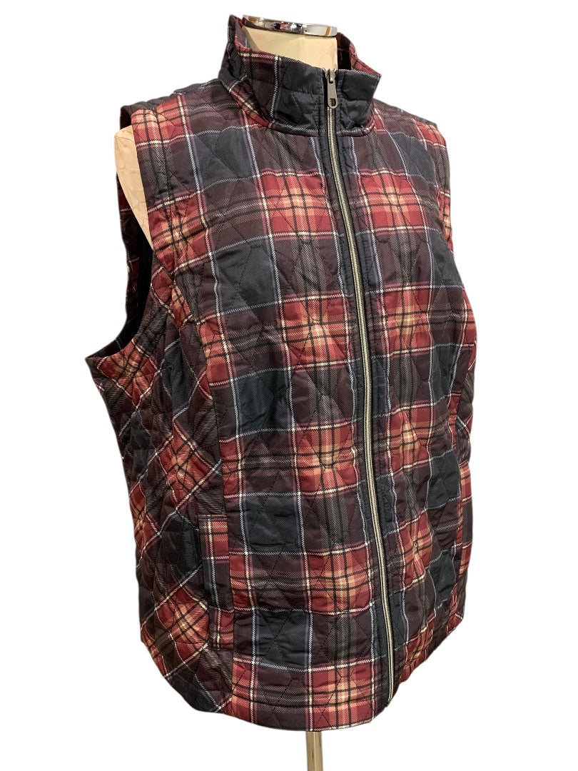 2X CJ Banks Womens Plaid Quilted Zip Up Vest Red Black