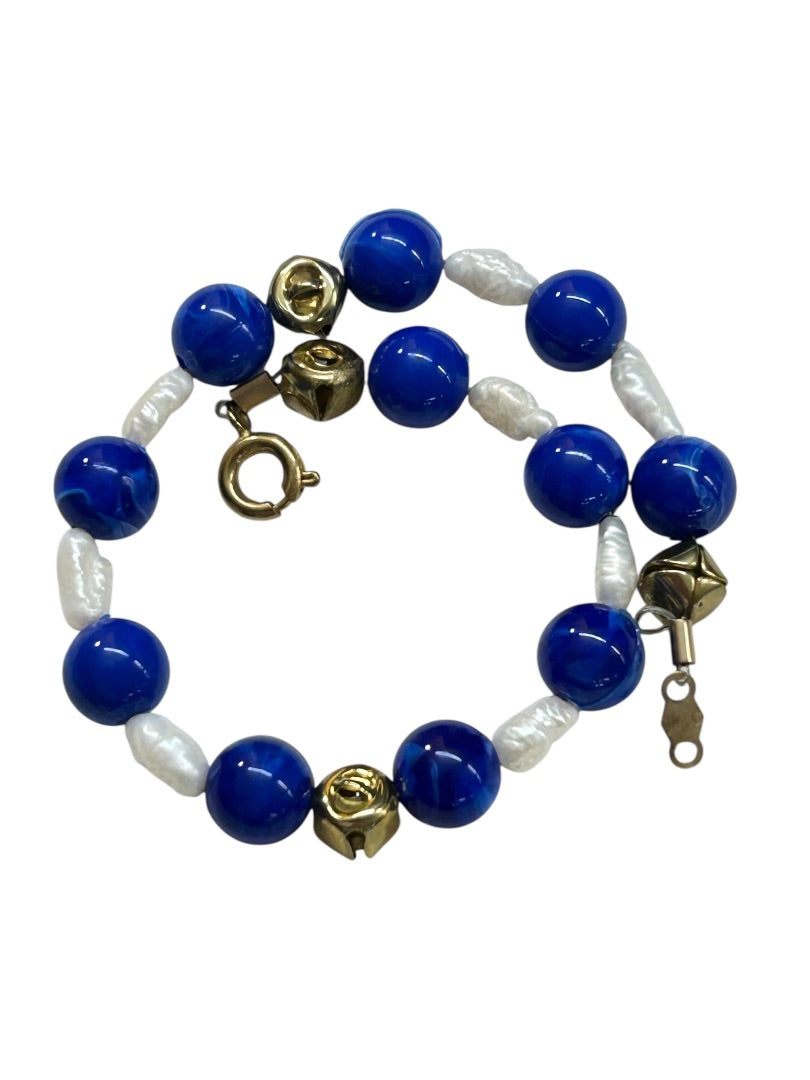 Blue and Freshwater Pearl 7 Inch Bracelet Goldtone Spring Clasp