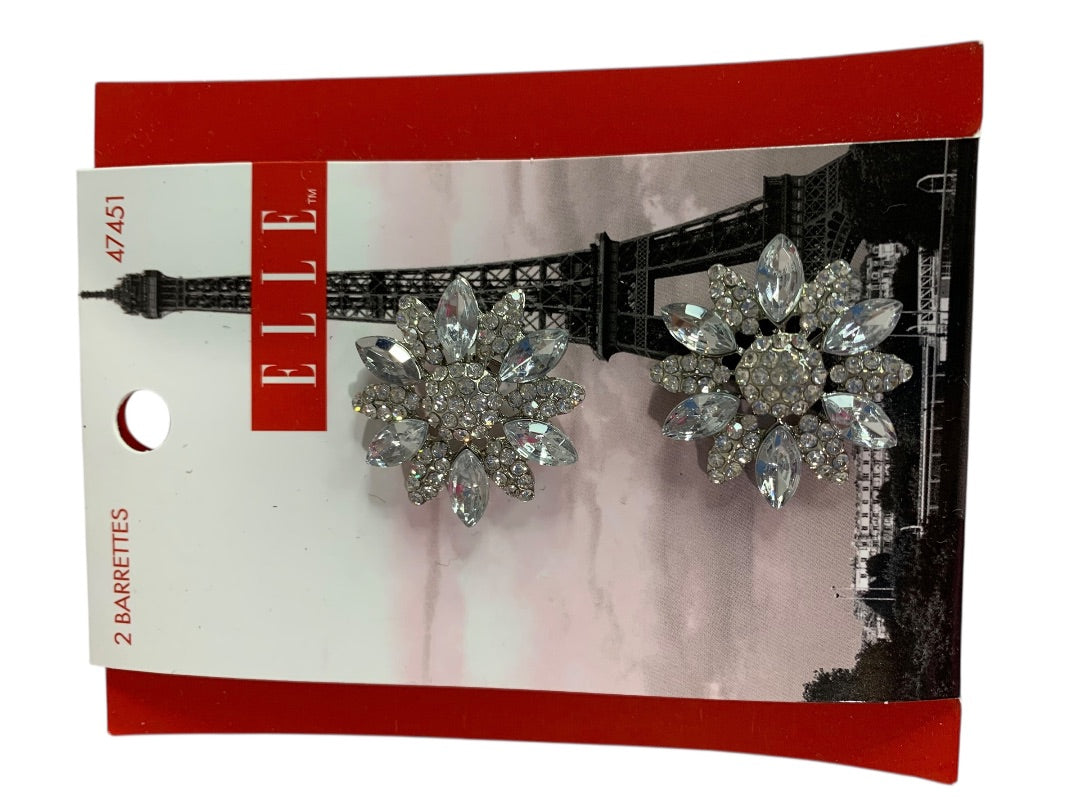 New Elle Rhinestone Silvertone Flower 2 Barrettes 47451 1.25 Inch Formal