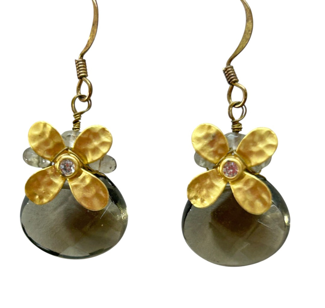 Goldtone Fish Hook Earrings Flower Pierced 1.4 Inch Drop Dangle