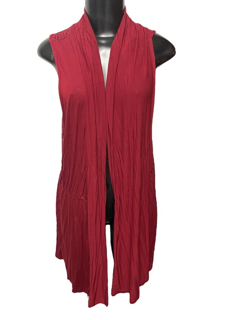 XL Coldwater Creek Womens Burgundy Open Vest Tunic Lace Detail
