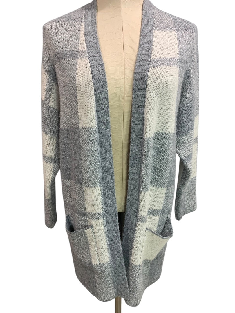 XS American Eagle Womens Open Cardigan Sweater Long Pockets Gray Plaid Wool Blend