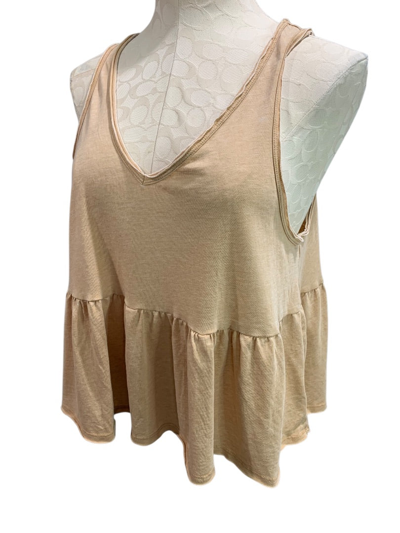 Small American Eagle Womens Tan Tank Top Flounce Hem V-Neck