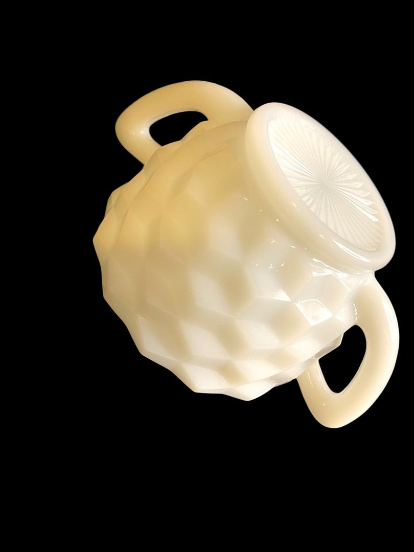 Hazel-Atlas Opaque Milk Glass Sugar Bowl with Sticker Starburst Geometric Design