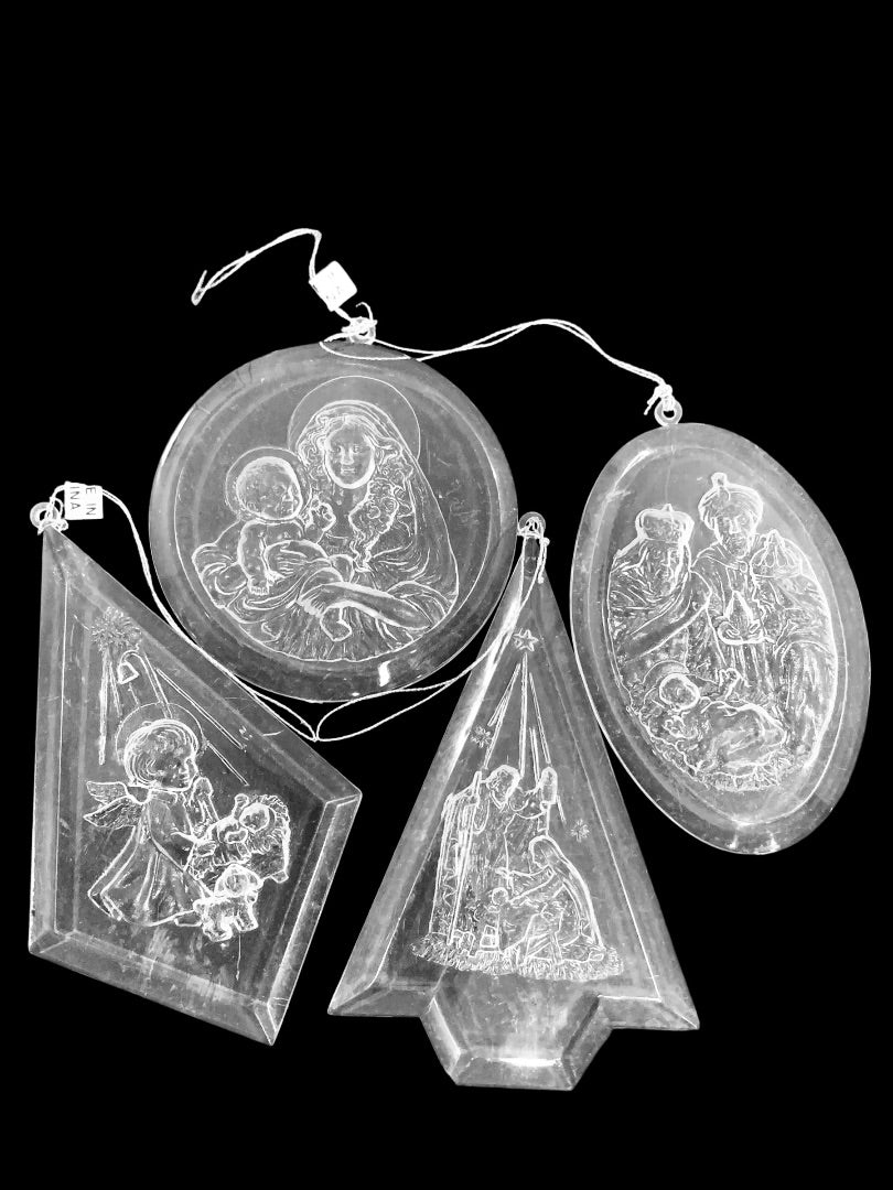 Vintage Lot of 4 Acrylic Clear Ornaments Christmas Nativity 3 Inch