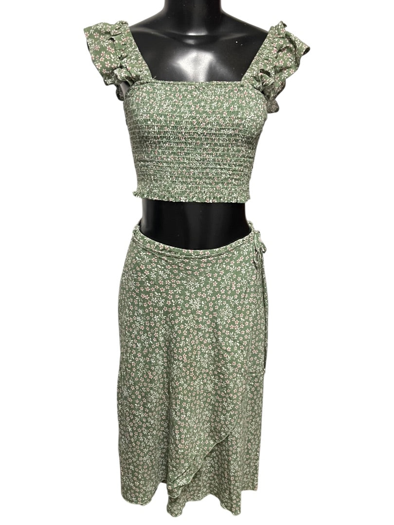 Small Hashtag 2 Piece Outfit Half Wrap Skirt & Smocked Crop Shirt Green