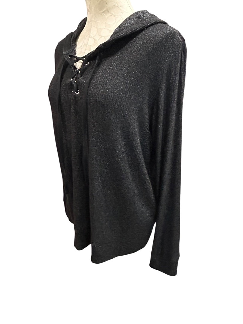 Large Market & Spruce Pullover Hoodie Soft Knit Lace Up Neckline Charcoal