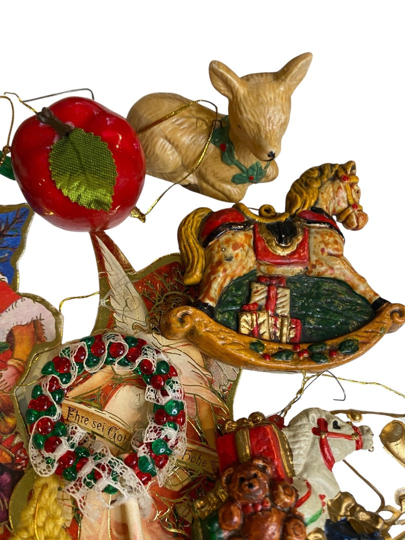 Lot of 25 Assorted Hanging Holiday Ornaments Bells Apple Drum Angel