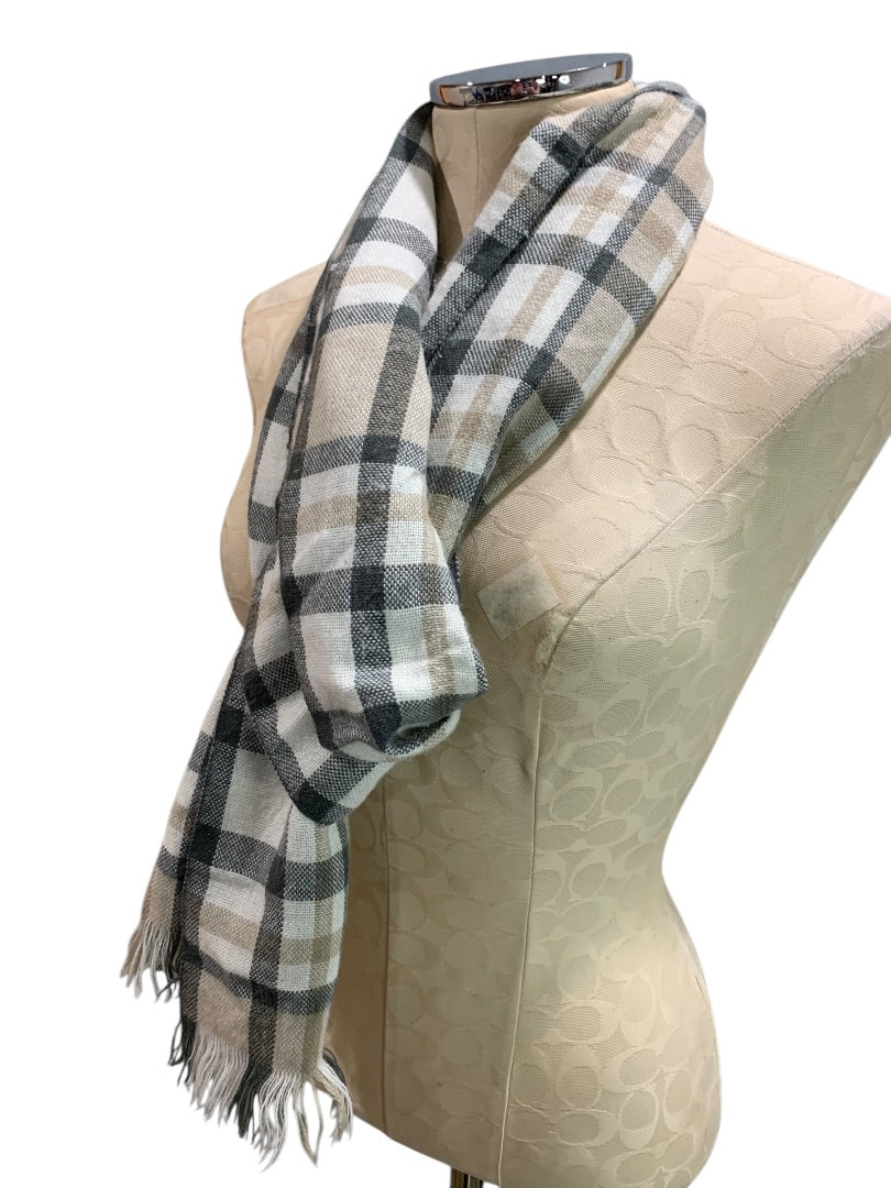 Loft Womens Plaid Winter Scarf Soft Gray Tan Fringed 43" x 9.5"