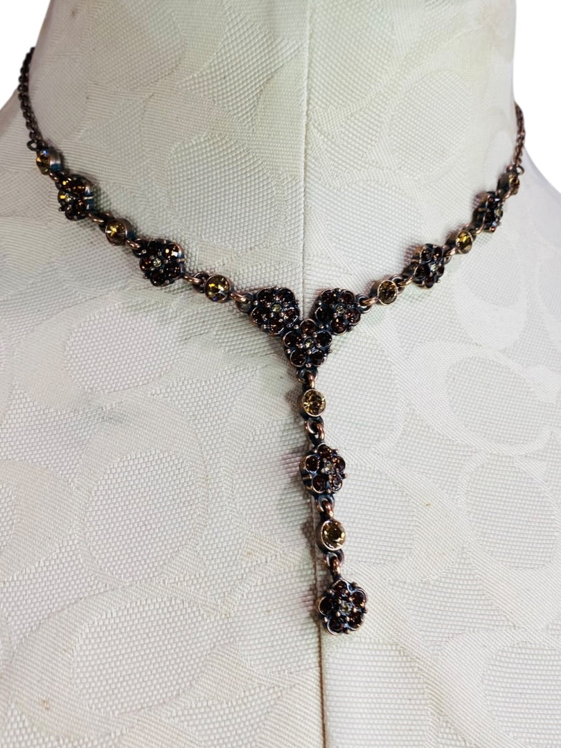 2028 Copper Color Rhinestone Antiqued Look Necklace 18" with 2" Drop