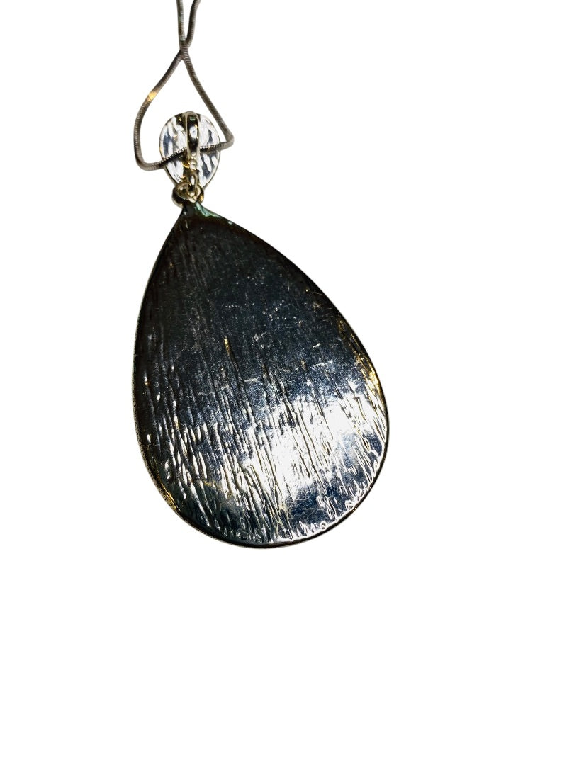 Silvertone Enameled Pendant Necklace 15" Snake Chain 2.5" Pendant