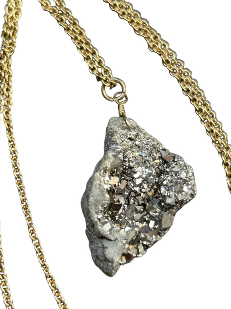 Rough Pyrite Necklace 28" Goldtone Chain 1" Stone