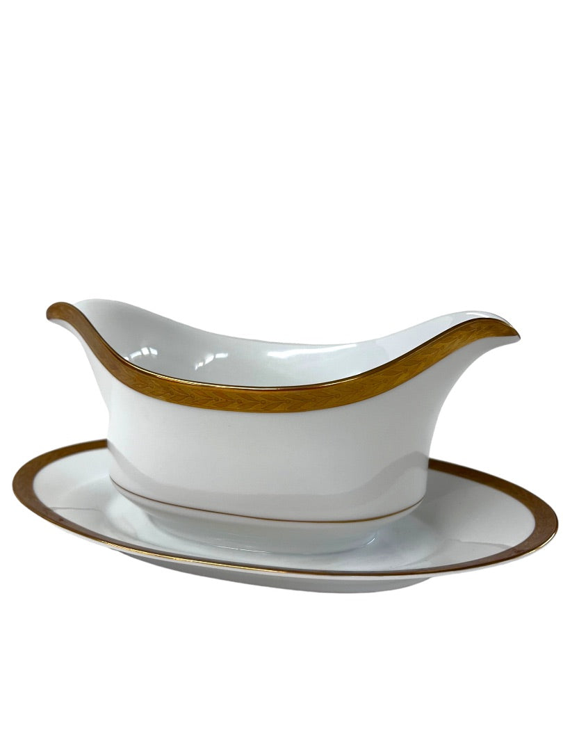 Sango Royalty Pattern White Gold Trim Gray Boat with Attached Underplate 1970s