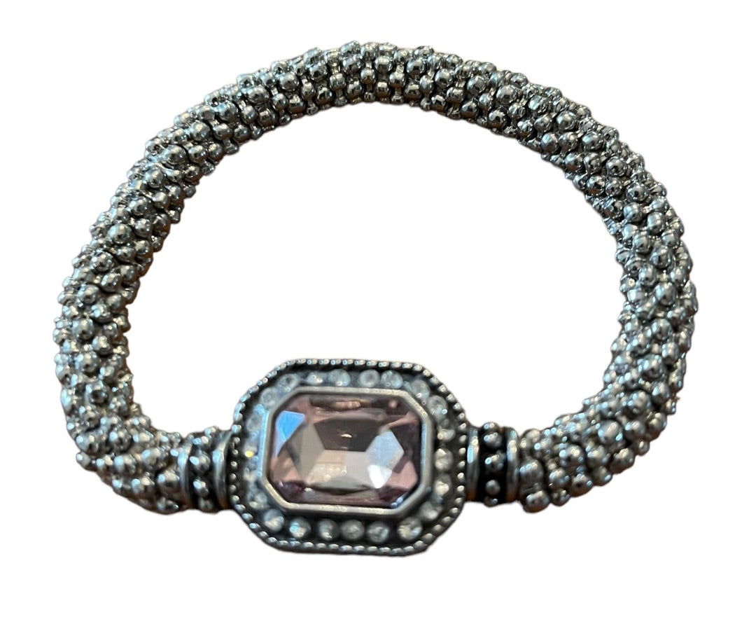 Silvertone Roll On Stretch Bracelet Pink Faceted Glass