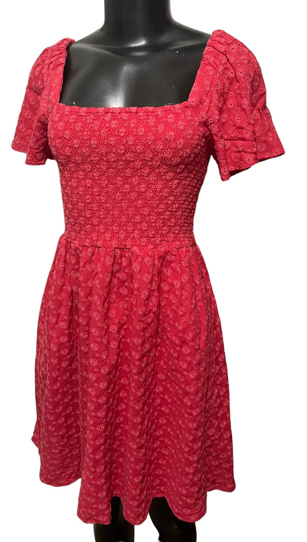 XS Madewell Eyelet Lucie Smocked Mini Dress Pockets Pink