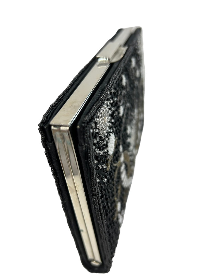 Vintage 1960s Beaded Black Satin Clutch Purse Hinged 7.5" x 5"