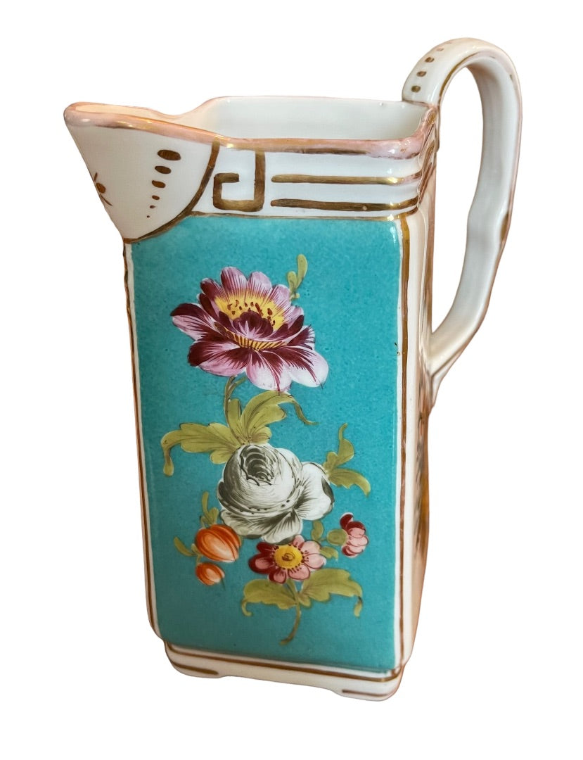 Vintage German Dresden Jug Pitcher Victorian Serenade Scene Handled Teal