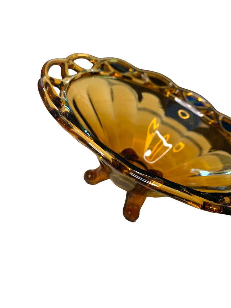 Pitman Dreitzer Lancaster Colony 1960s Amber Three Footed Glass Bowl 7.5"