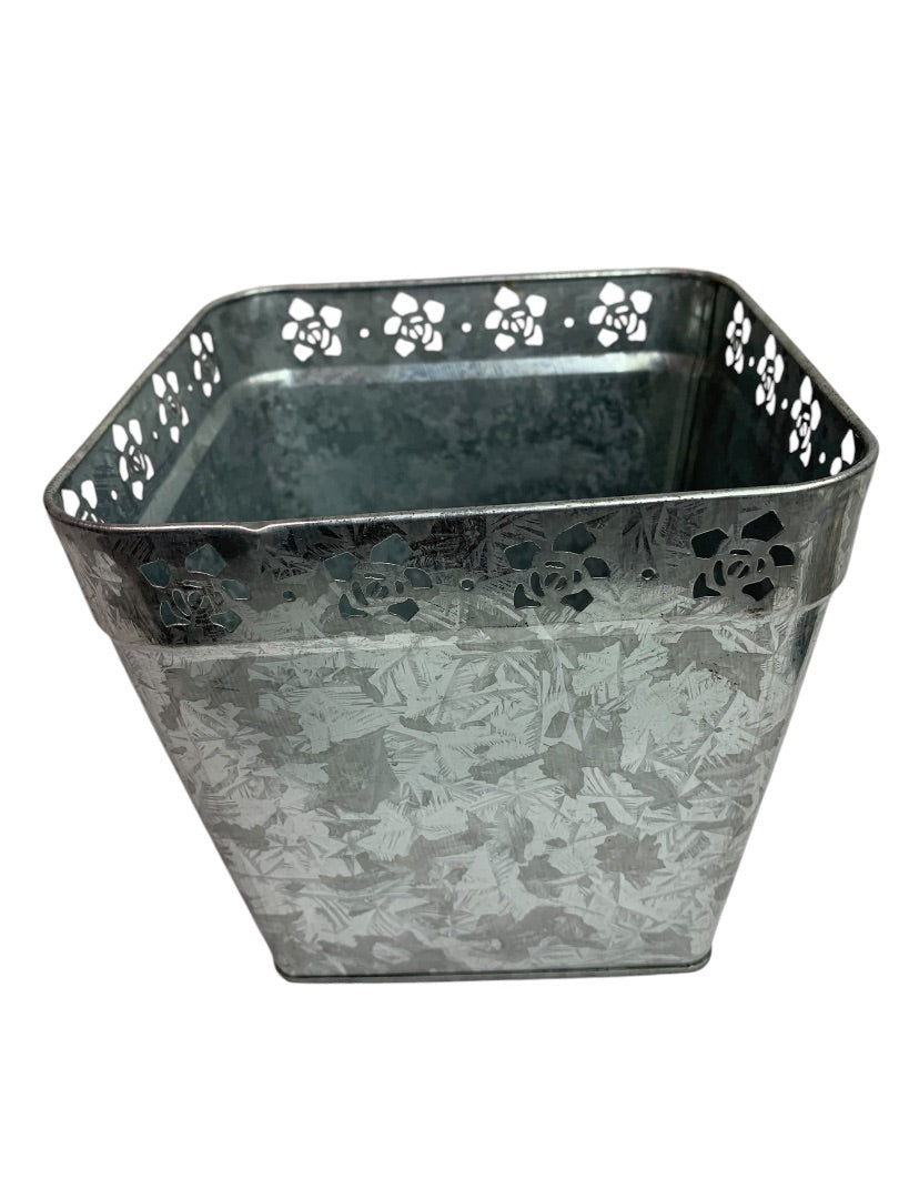 Square Galvanized with Embossed Roses Diecut Planter Vase Cottage 6 Inch New