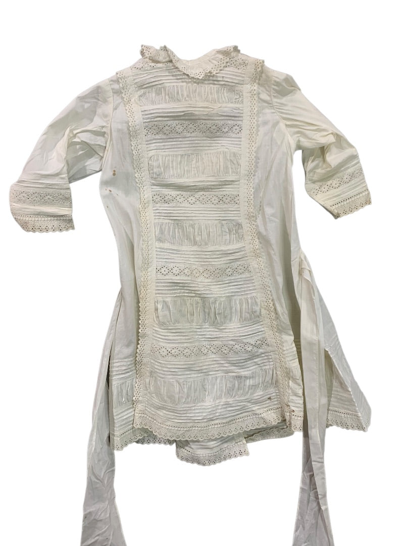 Antique Victorian Girls Gown Dress Eyelet 1800s Button Front Sash