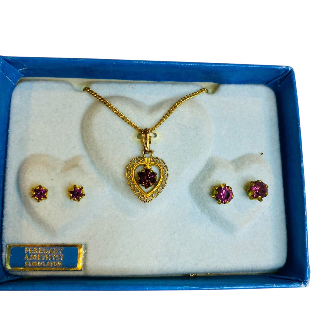 Vintage Simulated Amethyst Goldtone Necklace Earring Set New Old Stock Heart Stud