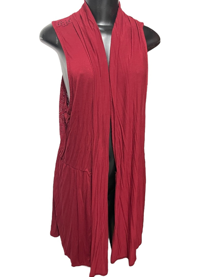 XL Coldwater Creek Womens Burgundy Open Vest Tunic Lace Detail