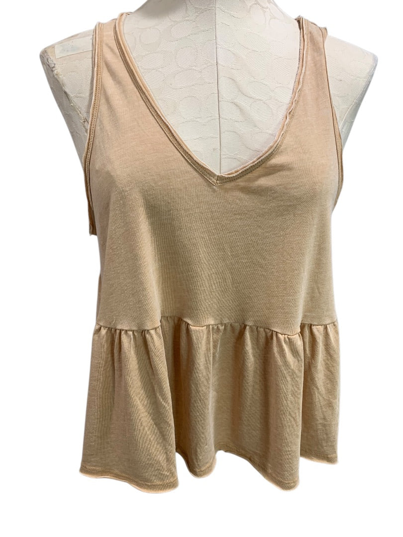Small American Eagle Womens Tan Tank Top Flounce Hem V-Neck