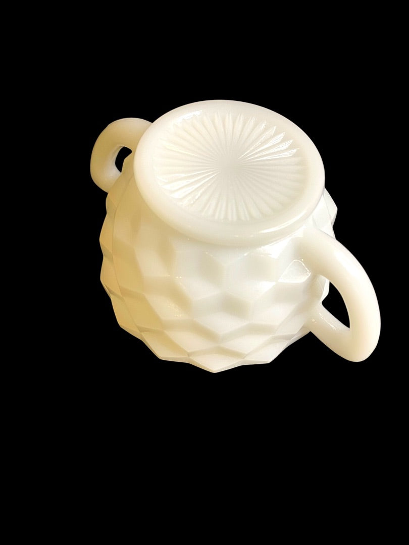 Hazel-Atlas Opaque Milk Glass Sugar Bowl with Sticker Starburst Geometric Design