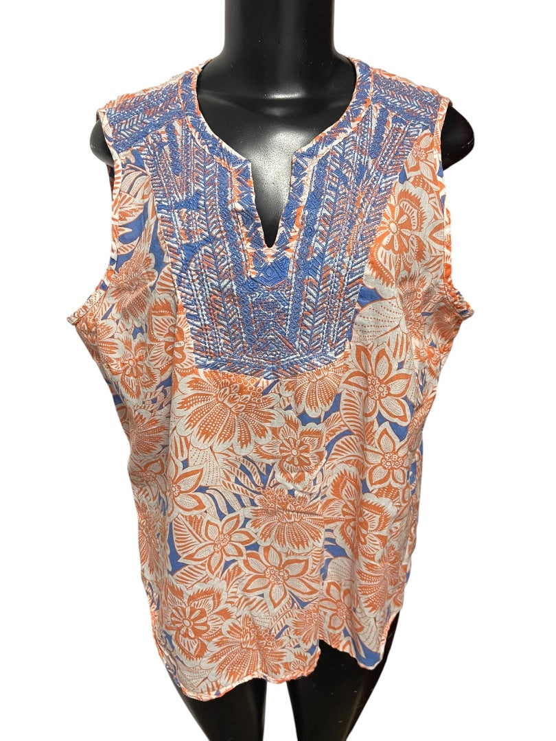 XL Talbots Floral Embroidered Cotton Sleeveless Shirt Boho Pullover