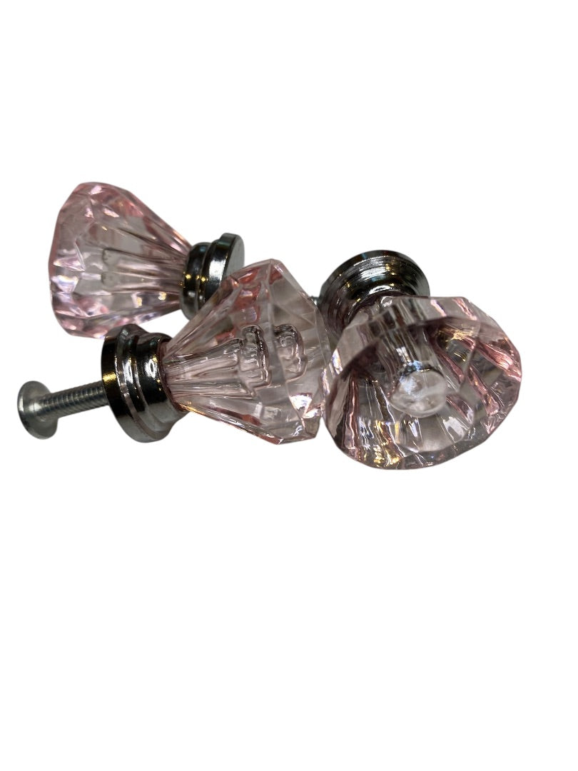Set of 3 Pink and Silvertone Crystal Knobs Drawer Pulls 25mm 1" New
