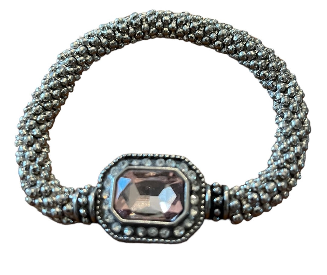 Silvertone Roll On Stretch Bracelet Pink Faceted Glass