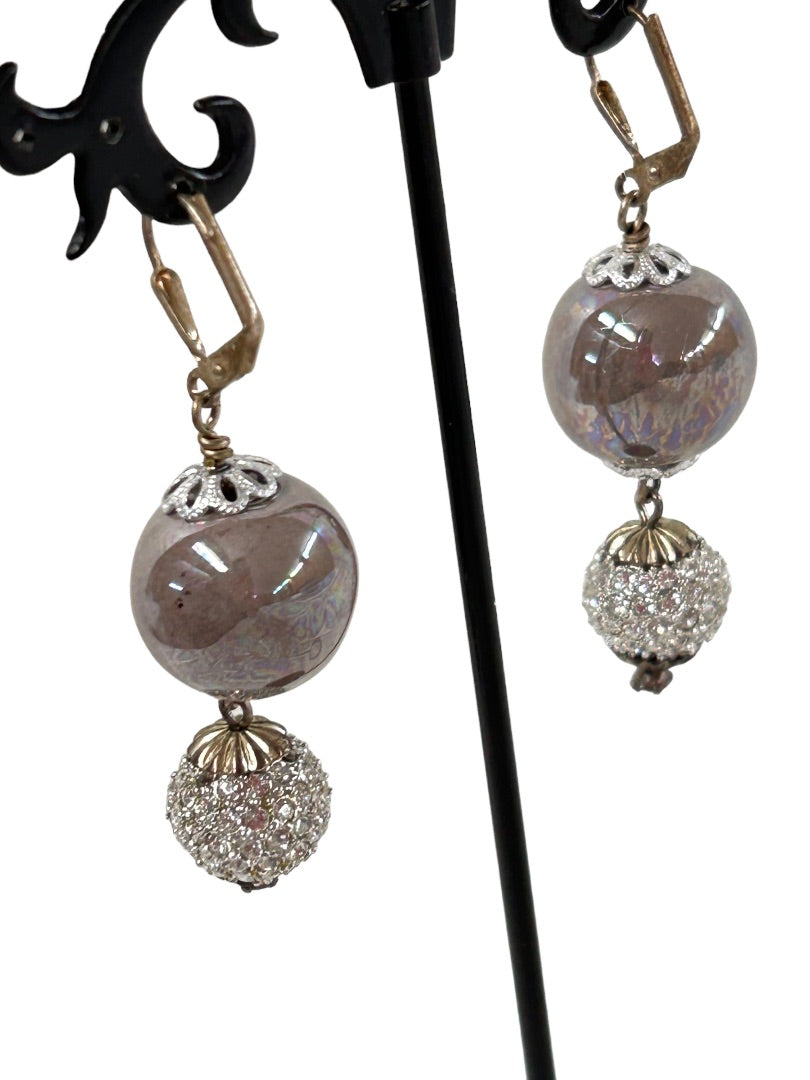 Vintage Leverback Pierced Earrings Crystal Orbs 2.25" Drop Dangle