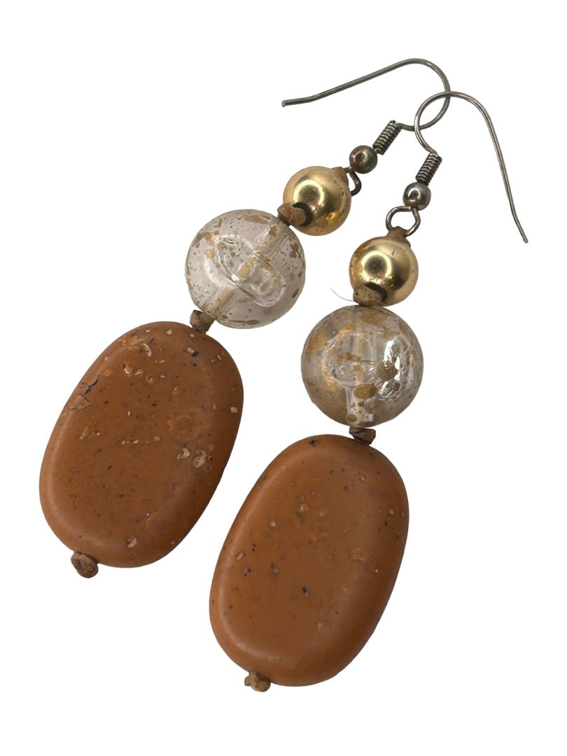 Faux Stone 2 1/8" Drop Dangle Pierced Earrings Hook Brown