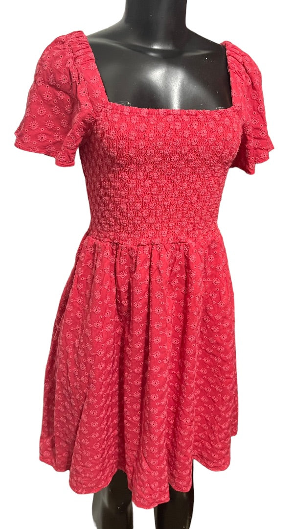 XS Madewell Eyelet Lucie Smocked Mini Dress Pockets Pink