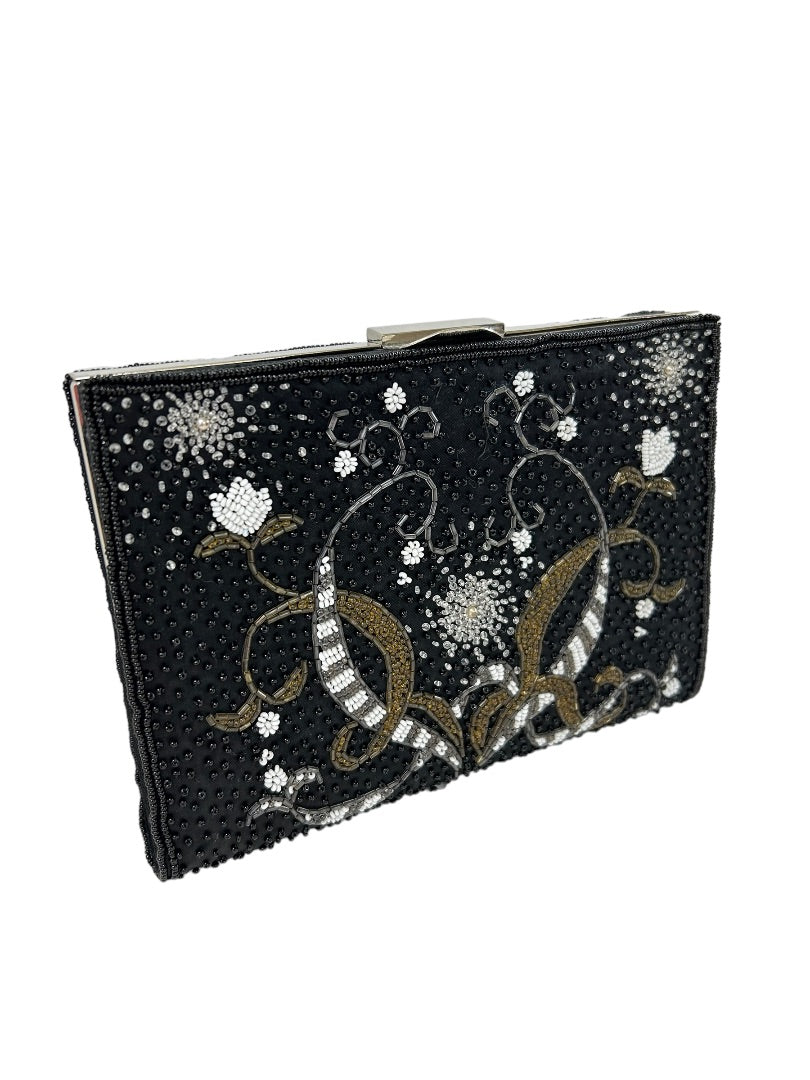 Vintage 1960s Beaded Black Satin Clutch Purse Hinged 7.5" x 5"