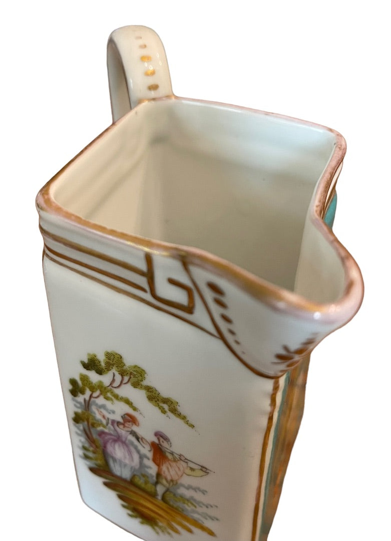 Vintage German Dresden Jug Pitcher Victorian Serenade Scene Handled Teal