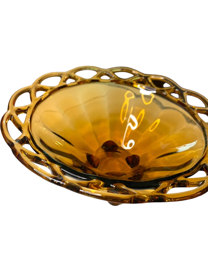 Pitman Dreitzer Lancaster Colony 1960s Amber Three Footed Glass Bowl 7.5"
