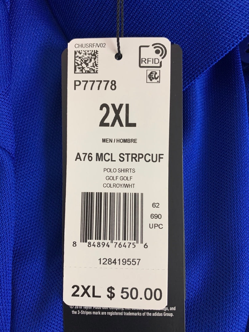 Large Adidas Golf Mens New Royal Blue Polo Shirt ClimaLite Striped Cuff P77778