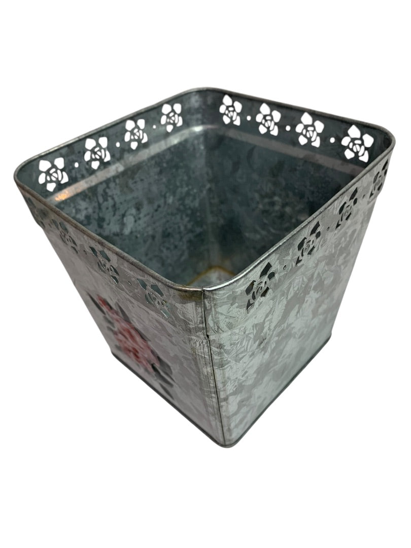 Square Galvanized with Embossed Roses Diecut Planter Vase Cottage 6 Inch New