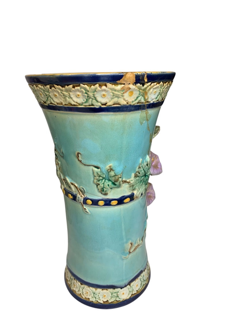 Antique Majolica Holdcroft Vase Wren Calla Lilies Cracks Chips 10.5"