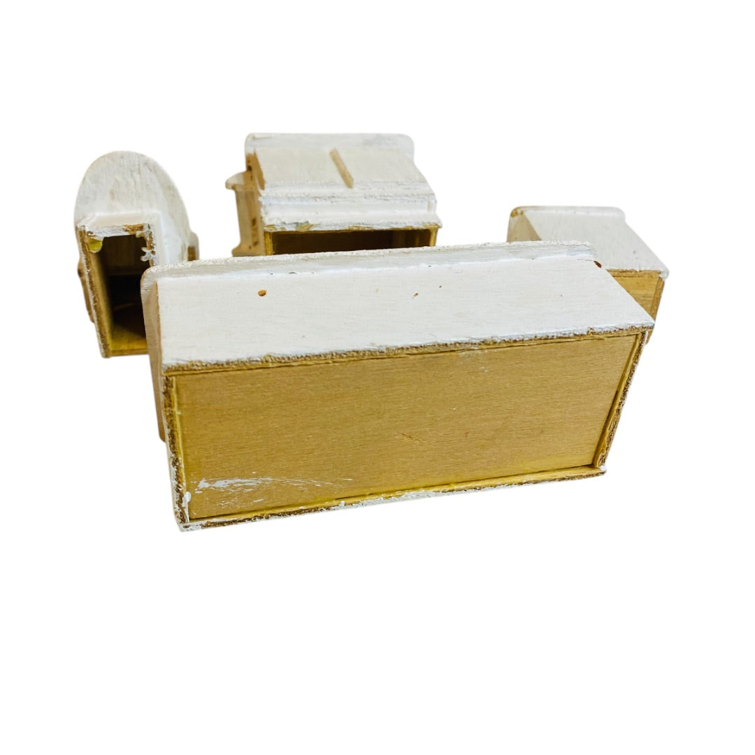 1980s Wooden Dollhouse Miniature White Set of 4 Bathroom Sink Tub Hamper Toilet