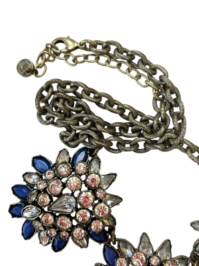 LOFT Chunky Statement Necklace Antiqued Goldtone Blue 20.5 Inch
