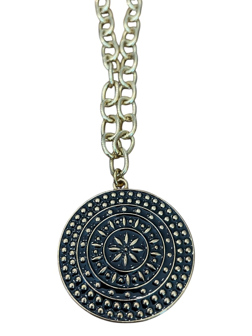 Express 2" Round Pendant Chain Chunky Necklace Goldtone Black 36 Inch